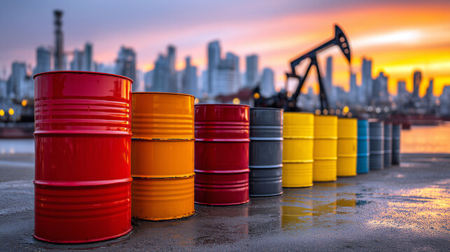 Metal oil barrels of different colors in a row on industrial background with pump jack silhouette as a concept of petroleum industry 