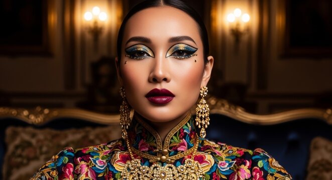 Elegant Asian Woman in Traditional Embroidered Attire with Detailed Makeup
