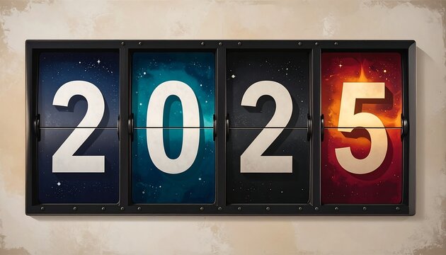 A wall-mounted display of the year 2025 in four squares