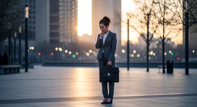 Businesswoman with briefcase contemplating in urban setting at sunset with city lights and modern buildings in background