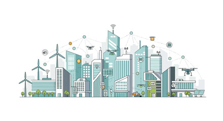 Obraz premium Futuristic Smart City Skyline with Drones, Wind Turbines, and IoT Technology