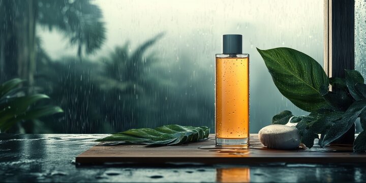 A sleek amber-colored bottle stands on a wooden board surrounded by green leaves and stones, set against a rainy window backdrop with blurred natural scenery.
