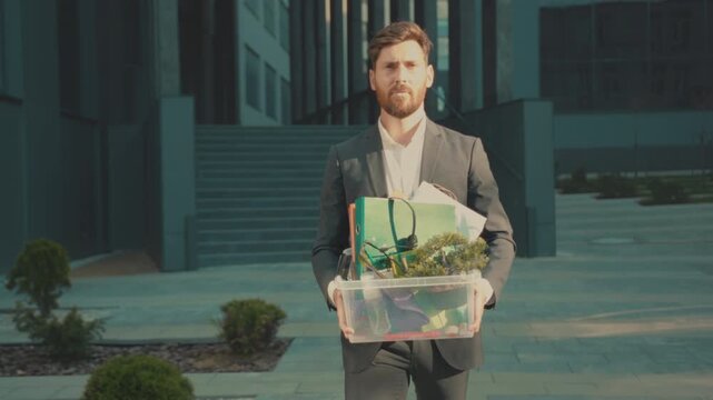 Businessperson departs confidently, Business owner walks out carrying belongings with confident stride