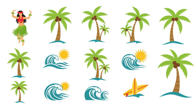 Hawaiian Hula Dancer, Palm Trees, Ocean Waves, Surfboard, Tropical Beach Icons