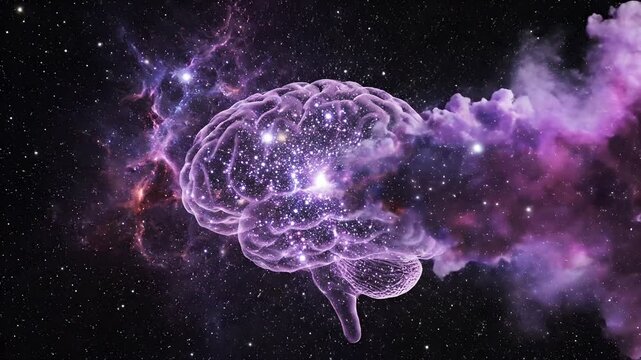 Human brain exploding into cosmic nebula of thought, mental health awareness concept, psychological insight visualization, creative storytelling for therapy and neuroscience