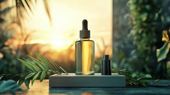 A dropper bottle with golden liquid and a small plant bottle sit on a stone platform, framed by leaves and warm sunlight in a natural setting.