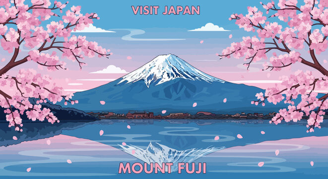 Pixel Art Mount Fuji Landscape with Cherry Blossoms