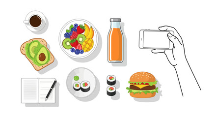 Overhead view of healthy breakfast with avocado toast, fruit salad, sushi, burger, coffee, and juice. © Ani