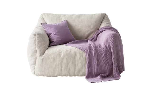 Puffy beige fabric armchair with a lavender cushion and ribbed throw, isolated on transparent background