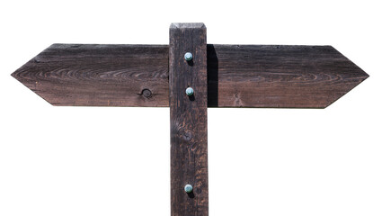 Weathered wooden signpost with two blank arrow planks, isolated on transparent background for choices © Finn