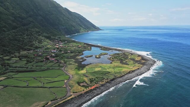 Aerial view of Faja da Cumbre, Sao Jorge, Azores with ocean and cliffs