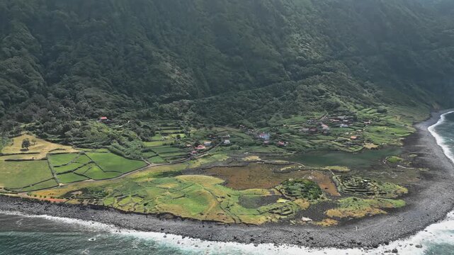 Lush coastal fields at Faja da Cumbre, Sao Jorge, tranquil and scenic view