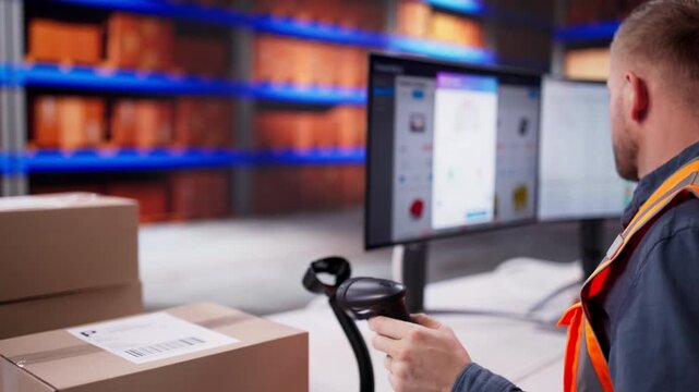 Warehouse Worker Scanning Barcode Labels On Parcels