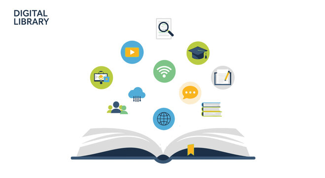 Digital Library Concept: Open Book with Floating Icons Representing Online Learning and Information Access