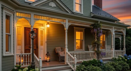 Fototapeta premium A quaint Victorian-style house with a welcoming porch and a charming garden, bathed in soft light from the setting sun.