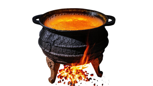 Black cast-iron cauldron with bubbling orange liquid on ornate legs with embers, isolated on transparent background
