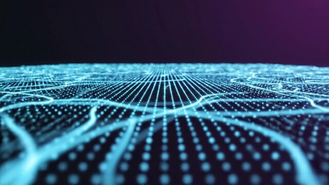 Minimalist tech background with glowing grid of tiny blue dots and soft purple hues