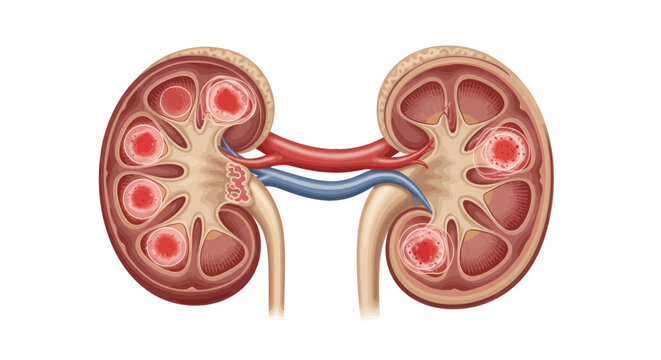Anatomical illustration of human kidneys with blood vessels and ureters