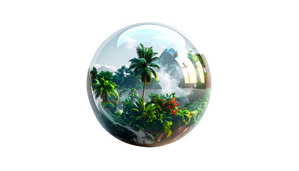 Tropical island landscape in a glass sphere with lush vegetation against black background