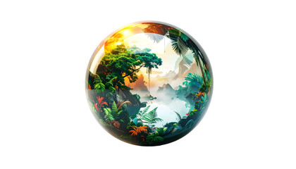 Tropical jungle landscape inside transparent glass sphere on black background