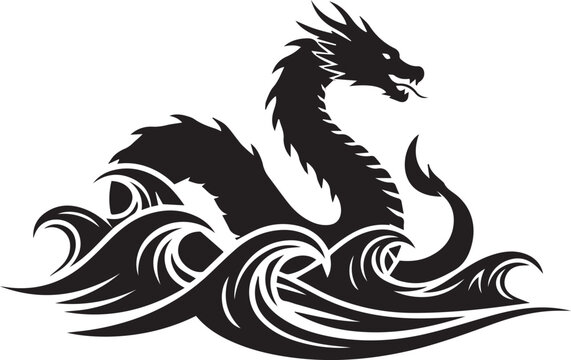 Sea Dragon Silhouette Icon: Mythical Water Serpent and Ocean Wave Vector