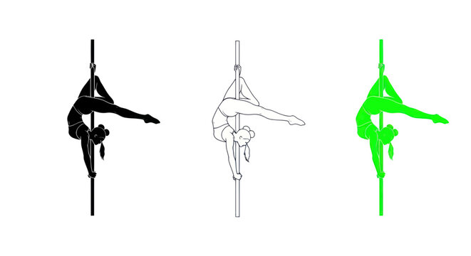 Pole Dancer Silhouette, Outline, and Neon Green Illustration on White Background