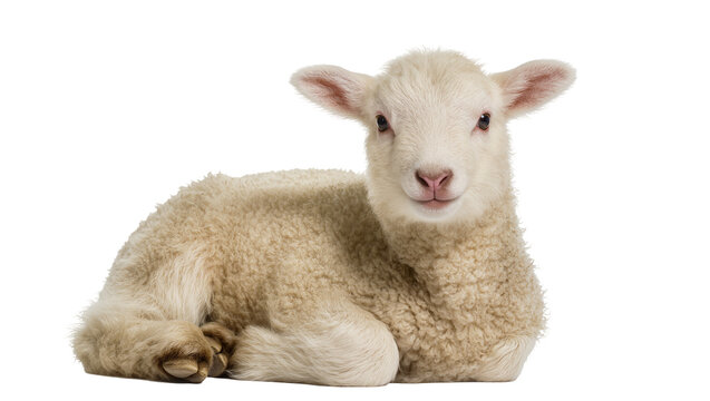 Fluffy young lamb with soft cream-colored wool and gentle expression, lying down comfortably isolated on transparent background