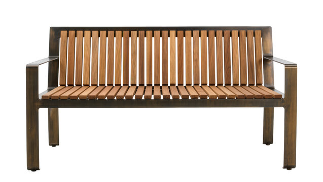 Modern outdoor park bench featuring natural wooden slats and a sturdy dark bronze metal frame, perfectly isolated on transparent background for architectural designs