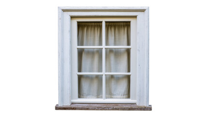Obraz premium White wooden six-pane window with light beige curtains isolated on transparent background, for decor