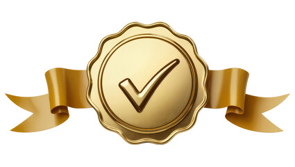 Golden seal with checkmark and flowing ribbon isolated on transparent background, approval © Finn