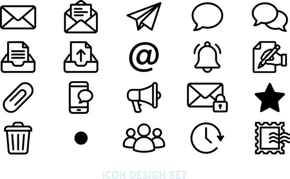 Icon set of outline email and social contact symbols. Featuring linear envelopes, megaphone, trash bin, and clock. Minimalist thin line graphics for digital interaction vector design.