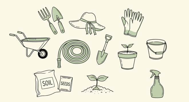 Hand-drawn gardening tools and supplies: wheelbarrow, hose, gloves, seeds - vector illustration, yard work