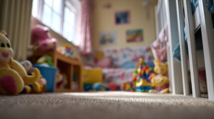 Fototapeta premium Soft carpet leads to a child's colorful, messy playroom. Toys and pillows fill the space with joy and chaos. Sunlight streams through curtains, brightening the room
