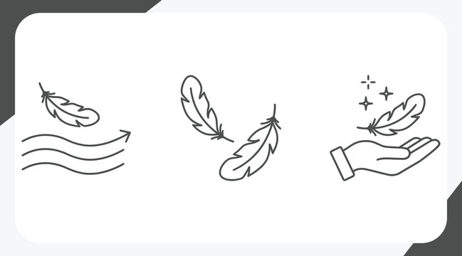 Lightweight icon set, feather on hand palm, light weight concept, soft touch surface, line art vector illustration