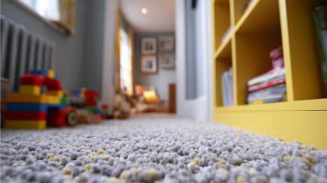 Soft carpet fills foreground with playful texture. Colorful blocks rest beside a toy car on the floor. Bright yellow shelves hold books and misc items