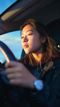 Young woman driving car during golden sunset hour