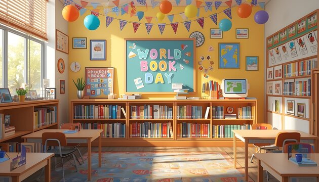 A vibrant and colorful classroom decorated for World Book Day with books, balloons, and educational posters on the walls and shelves.