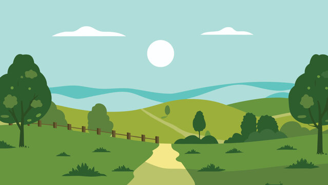 A peaceful landscape with rolling hills and a winding path
