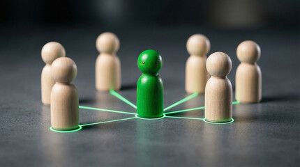 Obraz premium Glowing green figure connecting wooden team network perfect for comprehensive business organization and structural leadership