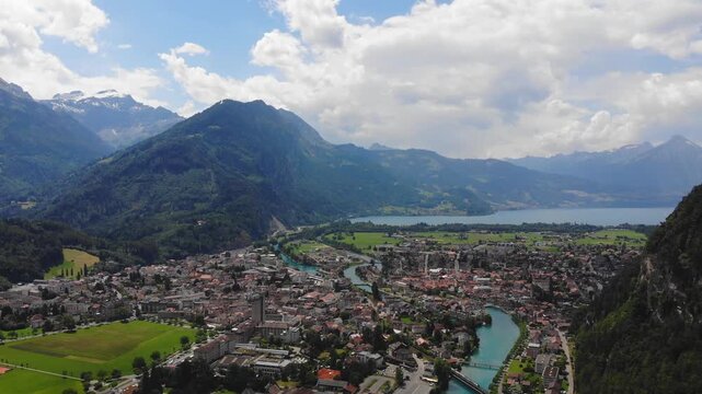 Aerial view of Interlaken Switzerland from the Harder Kulm viewpoint Swiss drone footage