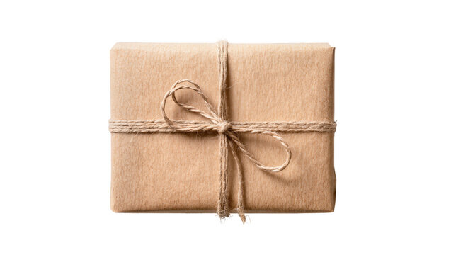 Brown kraft gift box with jute twine bow, isolated on transparent background for holiday presents