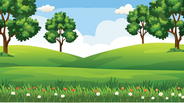 A vibrant landscape with rolling green hills and lush trees