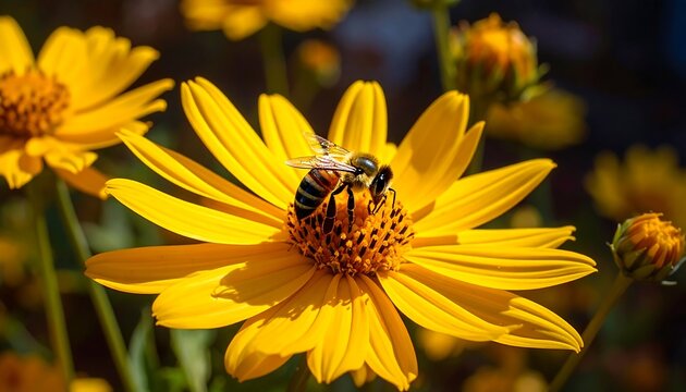 A bee collects nectar from a vibrant yellow flower