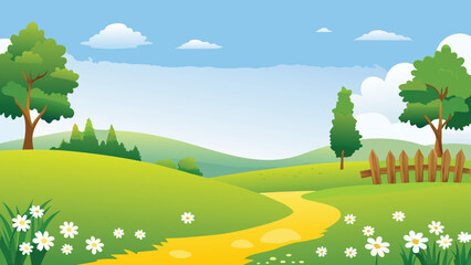 Fototapeta premium A peaceful cartoon landscape with a winding path and green hills