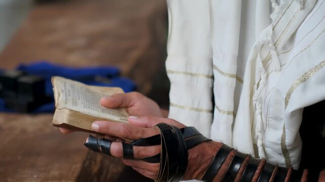 Close-up of hands turning prayer book pages with tefillin and tallit.