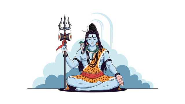Hindu god lord shiva sits in deep meditation on clouds, holding his trishula trident with a snake around his neck.