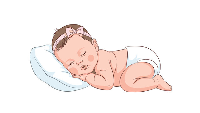 Adorable baby girl with a pink bow headband sleeps peacefully on a white pillow in a sweet curled-up position.