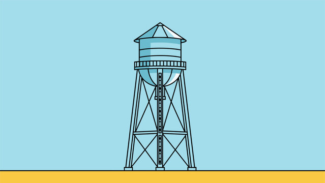 Industrial water tower structure standing on a tall metal framework against a clear blue sky and flat yellow ground.