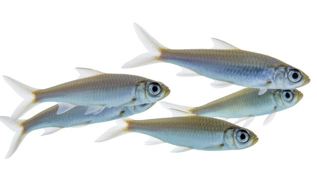 Five small slender silvery-blue finned fish swimming in a loose school, isolated on transparent background