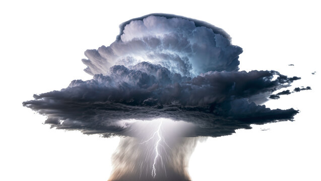 Massive dark cumulonimbus storm cloud with dramatic lightning bolts illuminating its turbulent core, isolated on transparent background for weather graphics